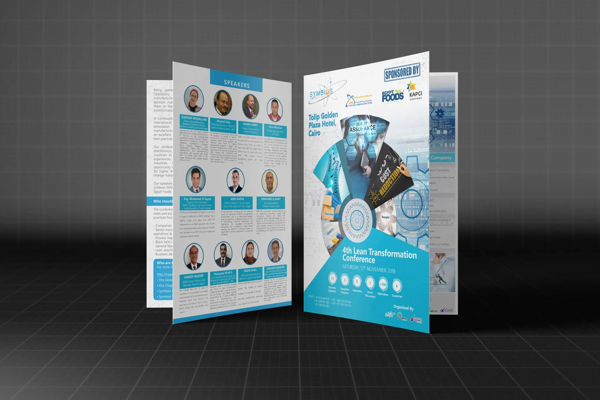 4th Lean Transformation Conference Brochure Cairo 2018: A three-fold brochure mockup displaying details of the conference held at Tolip Golden Plaza Hotel. The content highlights the agenda, keynote speakers, and sponsors (including Egypt Foods and Expolink) focusing on Lean principles, operations management, and continuous improvement in business.