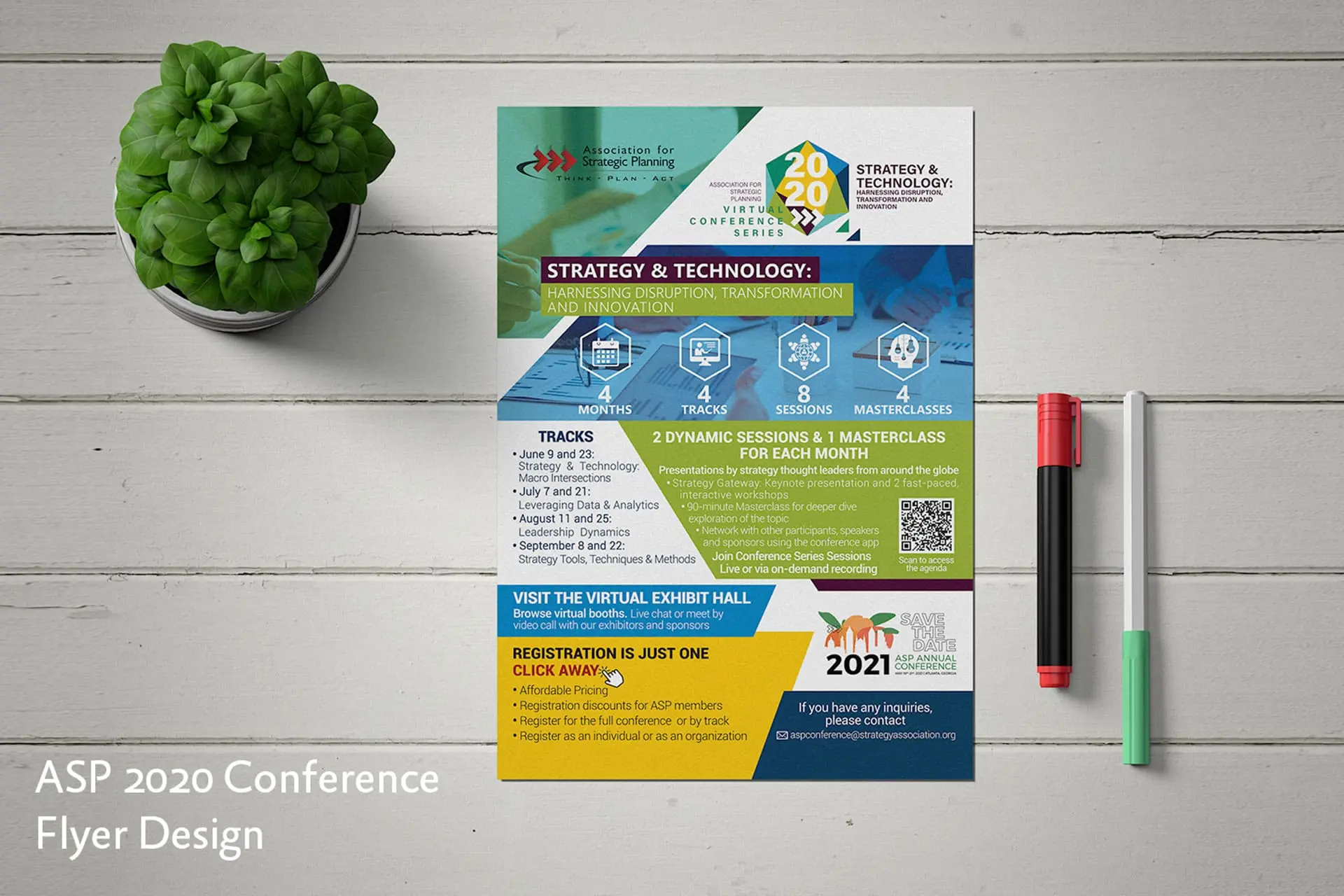 ASP Strategic Planning Virtual Conference 2020 Flyer: A professional promotional flyer advertising the "Strategy & Technology" conference series, focusing on disruption, transformation, and innovation. The content details four tracks, eight sessions, and four masterclasses per month over four months, with registration information and a QR code for the agenda. Business strategy and technology event marketing.