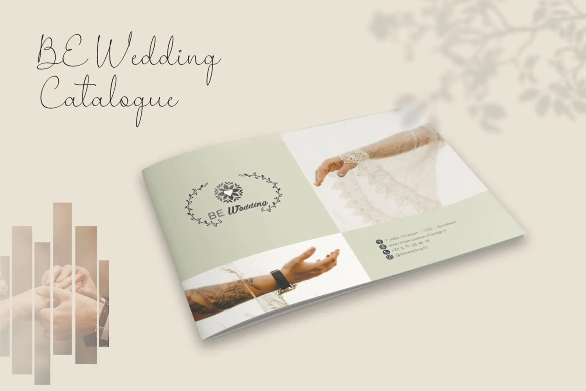 BE Wedding Catalogue Design Mockup: A soft-focus, elegantly designed wedding planning and photography catalogue with a light green and beige color palette. The cover features close-up photos of the bride and groom's hands, promoting wedding photography, event planning, and bridal services. Luxury wedding vendor portfolio.
