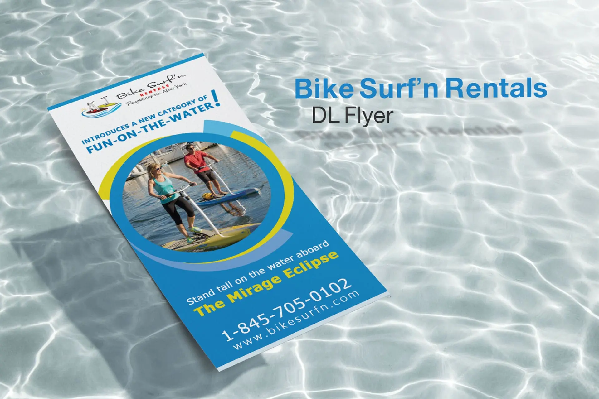 Bike Surf'n Rentals DL Flyer: A promotional water sports flyer for The Mirage Eclipse, a stand-up pedal board. The visual shows two people actively riding the watercraft on a lake or ocean, advertising water recreation rentals and fun on the water activities in Peekskill, New York.