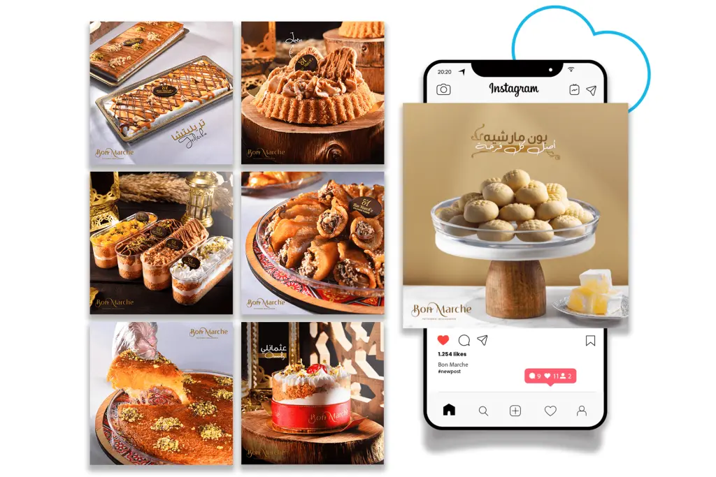 Bon Marche Patisserie Social Media Posts: A delicious grid of digital marketing visuals showcasing a variety of high-end desserts, including Kunafa, layered cakes, petite fours/cookies (Instagram post), oriental pastries, and chocolate creations. Bakery and fine dessert promotion for food lovers.
