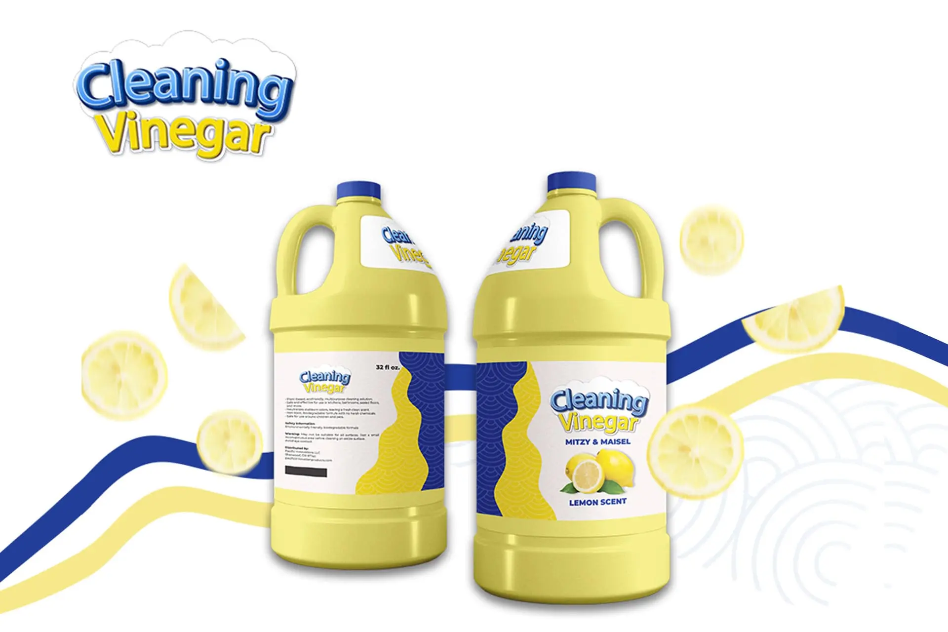 Mitzy & Maisel Cleaning Vinegar Lemon Scent Product Packaging: Two large yellow plastic bottles of specialized cleaning vinegar, featuring bright yellow and blue labels and a strong lemon scent. The product is marketed as a natural, non-toxic household cleaning solution for kitchen and bathroom surfaces. Household cleaning supplies and natural disinfectants.