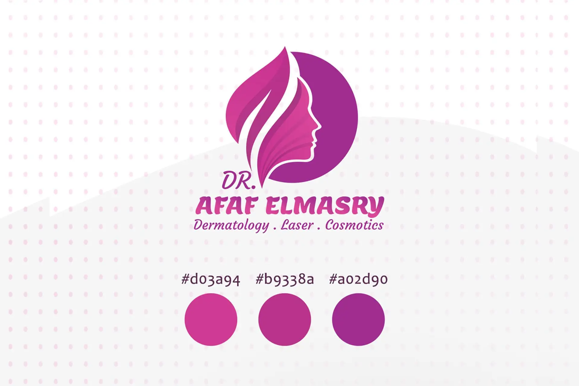 Dr. Afaf Elmasry Dermatology, Laser, Cosmetics Logo and Color Palette: A professional logo featuring a stylized side profile of a woman's face within a leaf/flame motif, rendered in a feminine spectrum of pink and purple (d03a94, b9338a, a02d90). The image emphasizes branding colors for medical aesthetics, cosmetic procedures, and specialized skin care clinics.