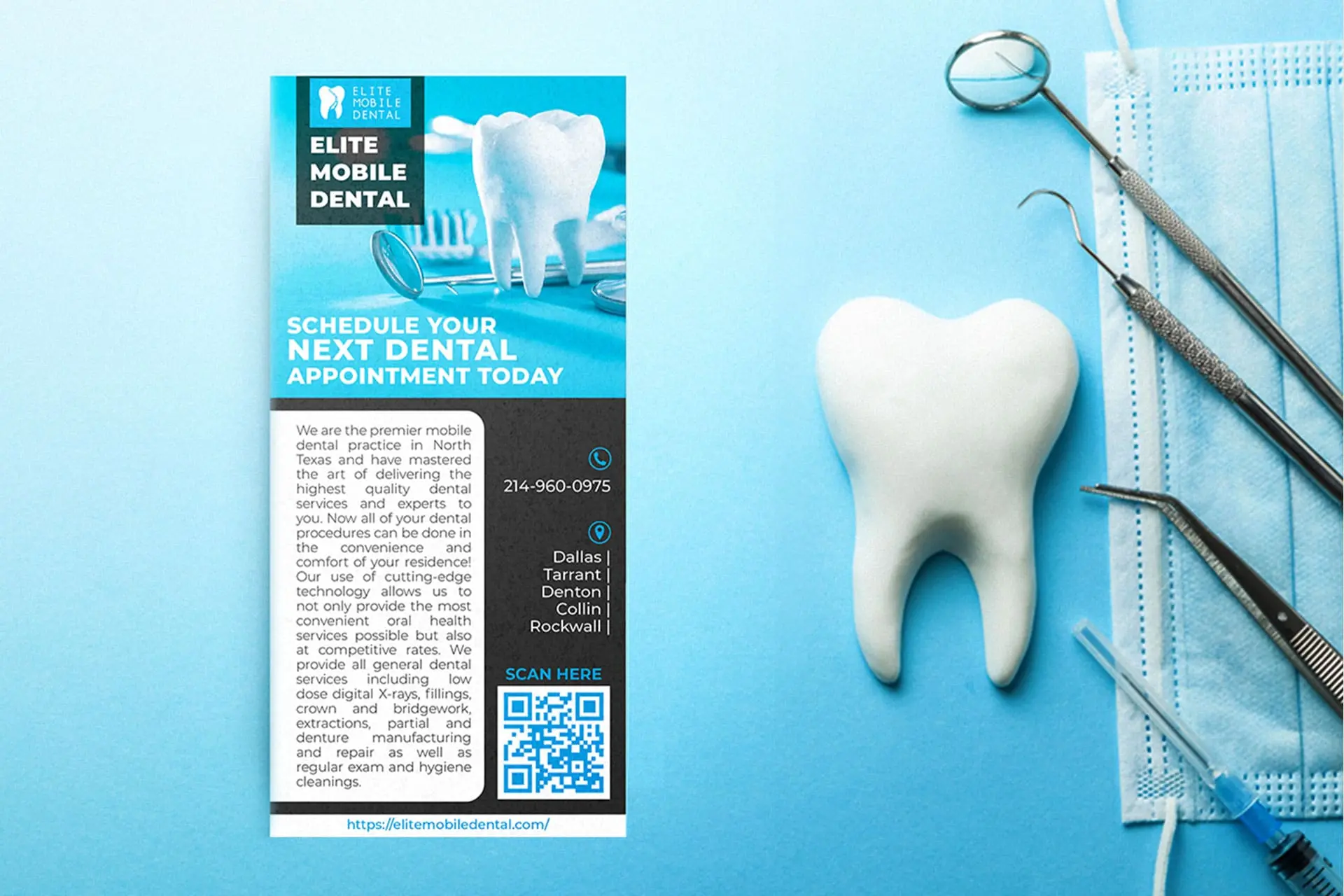 Elite Mobile Dental Services Flyer for North Texas: A promotional flyer advertising a mobile dentistry practice offering convenient at-home dental care and general dental procedures, including X-rays and cleanings. Visual includes a prominent tooth model and dental tools on a blue background. Mobile dental clinic North Texas marketing.