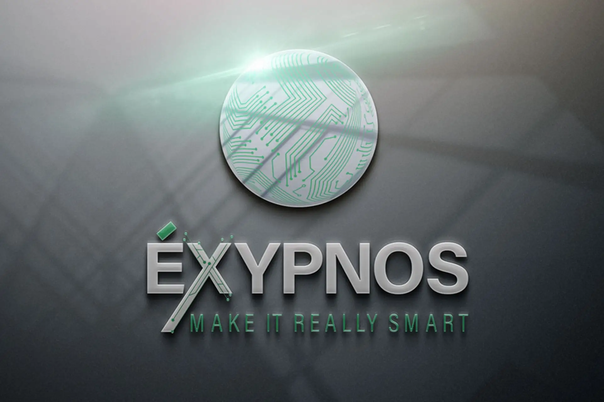 ÉXYPNOS Smart Technology 3D Logo Mockup: A metallic 3D logo for ÉXYPNOS, a smart technology firm, featuring a sphere with an integrated circuit board design in mint green and white. The tagline "MAKE IT REALLY SMART" is displayed below, emphasizing intelligent solutions, tech innovation, and electronic systems branding.