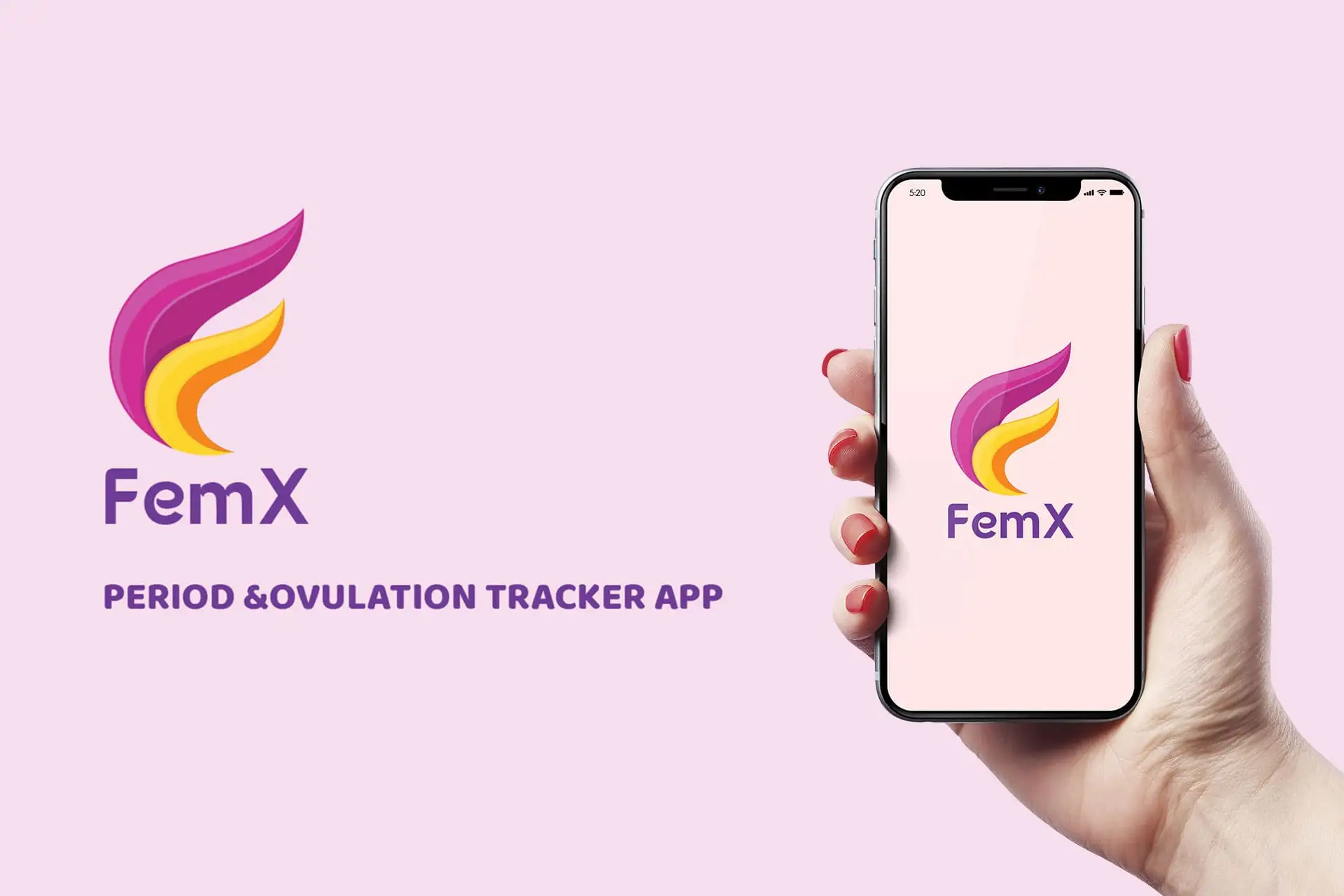 FemX Period & Ovulation Tracker App Mockup: A promotional image of the FemX mobile application, a health and wellness tool for women, displayed on a smartphone screen. The app's logo features a stylized purple and yellow flame or leaf motif, emphasizing digital period tracking, reproductive health, and women's health technology.