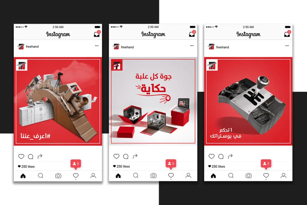 Freehand Marketing Agency Instagram Posts: A creative three-part digital ad series using a red and black theme. Visuals include a cardboard ramp of office supplies, miniature room boxes, and a car's manual gear shift, symbolically representing agency capabilities, detailed storytelling, and control over social media posts. Digital marketing and branding services.