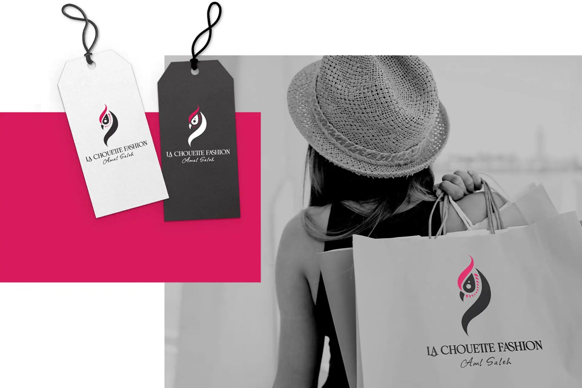 La Chouette Fashion Branding Mockup: A visual identity presentation for a fashion brand, including black and white hang tags and a shopping bag. The logo features a modern, stylized owl/bird icon in black and magenta, associated with Amal Saleh. The design is set against a backdrop of a woman with shopping bags, emphasizing contemporary clothing, retail, and feminine apparel branding.