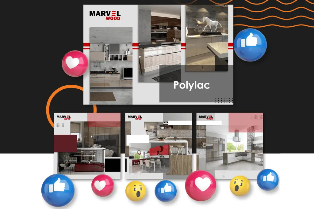 Marvel Wood Kitchen Design Social Media Posts: A montage of high-gloss modern kitchen interior designs featuring Polylac material. The visuals display sleek cabinetry, contemporary layouts, diverse color schemes (red, white, wood grain), and glossy finishes. Luxury kitchen installation and high-quality wood solutions.