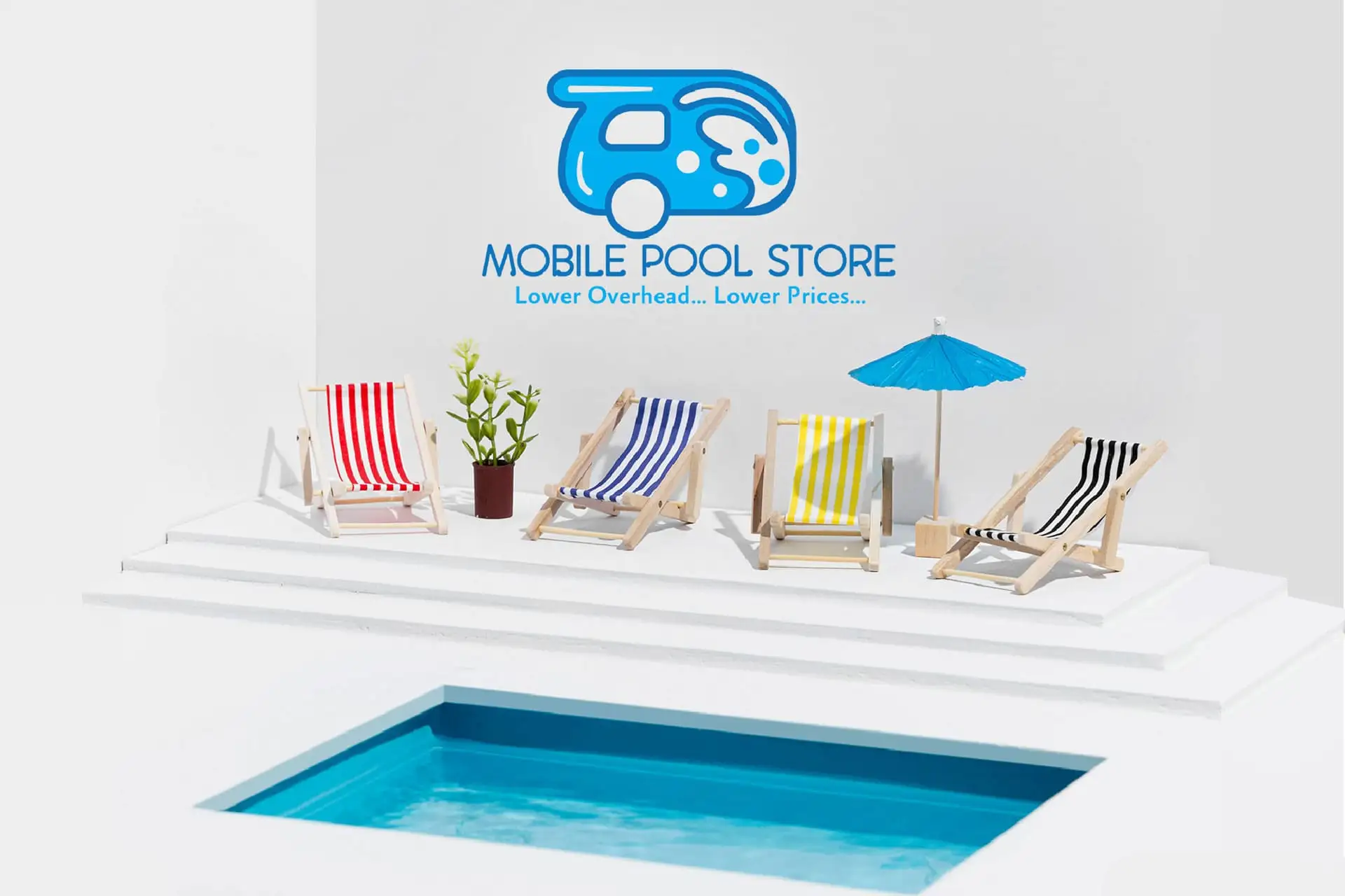 Mobile Pool Store Logo Mockup: A 3D blue logo combining a delivery truck and a pool shape, for a mobile retail service with the slogan "Lower Overhead... Lower Prices...". The logo is displayed above a miniature setup featuring a swimming pool and colorful beach chairs, promoting pool supplies, maintenance, and mobile service business branding.