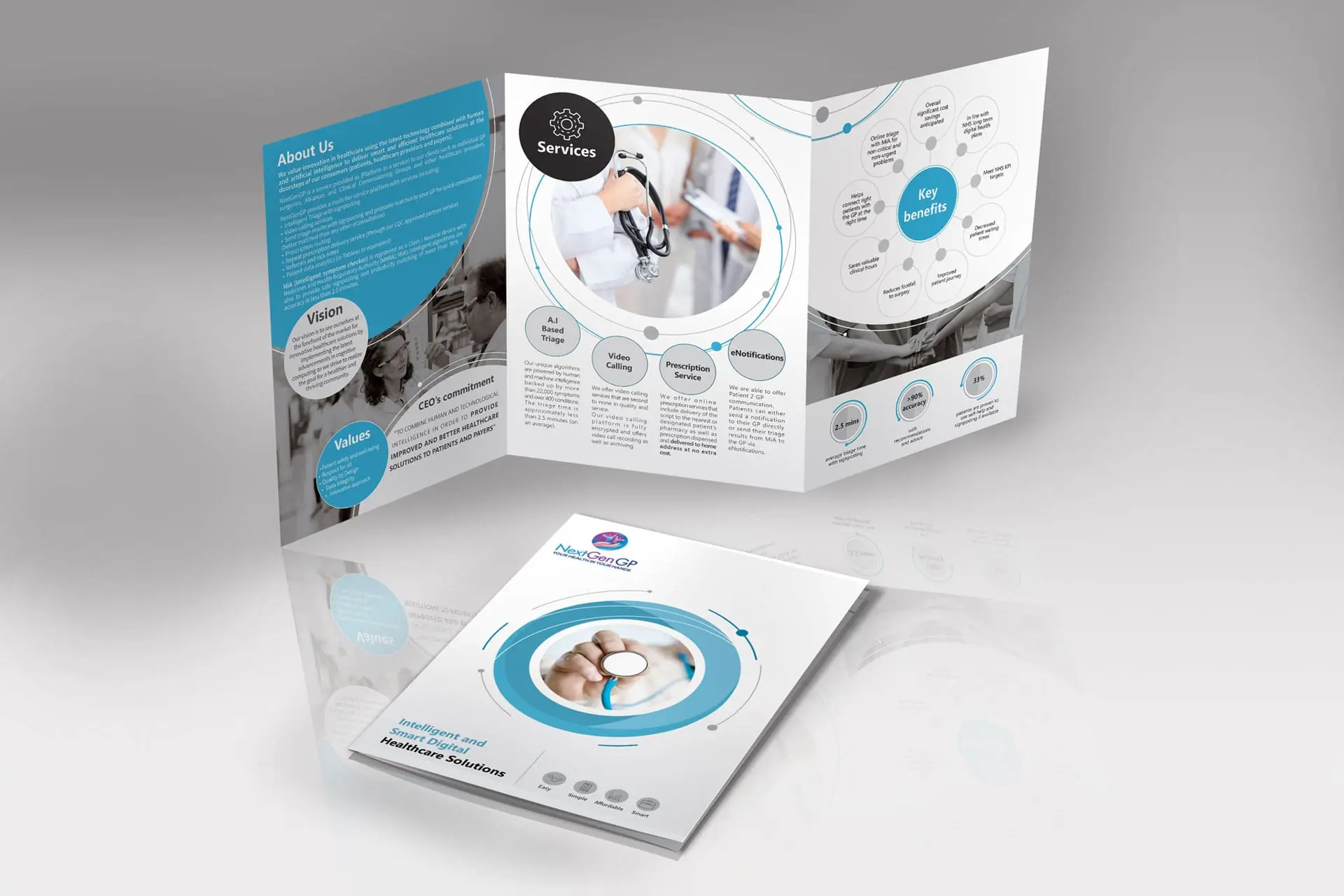 NextGenAP Intelligent Smart Healthcare Solutions Brochure: A professional corporate tri-fold brochure mockup highlighting services like AI-based triage, video calling, and prescription services for digital healthcare. The design focuses on key benefits, technology integration, and improving patient care with smart solutions. Health tech and telemedicine services marketing.
