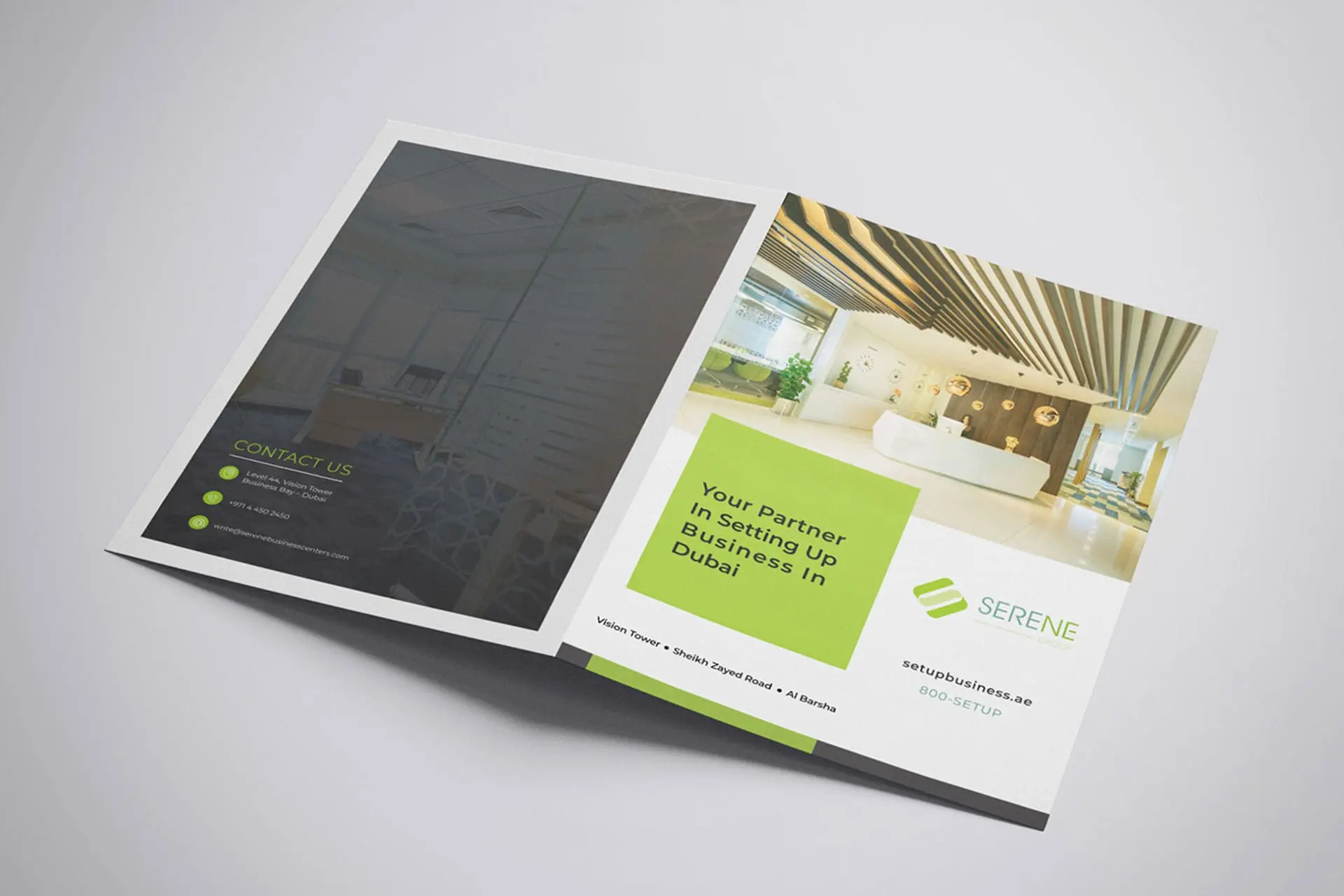 Serene Business Setup Dubai Brochure Mockup: A professional corporate brochure for a company specializing in setting up business in Dubai, UAE. The visual features a modern office/reception area and highlights their services as "Your Partner in Setting Up Business In Dubai" for entrepreneurs and investors. Dubai company formation and business consultation services.