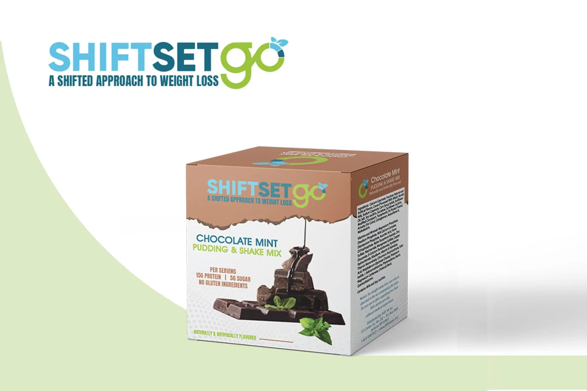 SHIFTSETgo Chocolate Mint Pudding & Shake Mix Box: A product box for a high-protein, low-sugar meal replacement powder aimed at weight loss. The packaging highlights 15g protein per serving, 5g sugar, and a chocolate mint flavor with a focus on healthy weight management and dietary supplements.