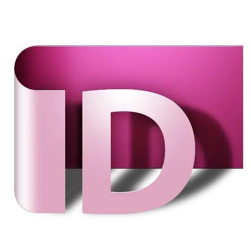 Adobe InDesign Desktop Publishing Icon: A high-contrast graphic logo for Adobe InDesign, featuring the letters 'ID' in white/pink gradient against a magenta background. The design represents a sheet of paper curling around the letters, symbolizing professional layout, desktop publishing (DTP), and print design software.