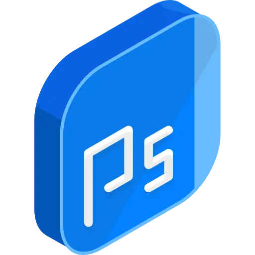 Adobe Photoshop Design Tool Icon: A 3D isometric graphic icon for the Adobe Photoshop software, featuring the white letters 'Ps' on a rounded blue square. The icon represents professional photo editing, digital art, and raster graphics manipulation software.