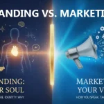 branding vs marketing comparison visual. On the left, Branding is represented as the "soul," focusing on identity and "who you are." On the right, Marketing is represented by a megaphone as the "voice," focusing on tactics and "how you speak."
