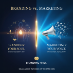 Visual metaphor comparing Branding (the soul/heart) and Marketing (the voice/megaphone).