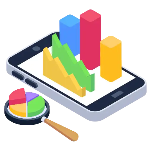 Financial Data Analytics Mobile Dashboard: An isometric illustration showing a smartphone displaying 3D bar charts and line graphs, symbolizing a mobile data analytics dashboard. A magnifying glass in the foreground highlights a section of a pie chart, representing business intelligence, financial growth, and mobile reporting.