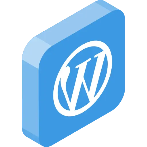 WordPress Development Tool Icon: A 3D isometric graphic icon featuring the white WordPress 'W' logo inside a rounded, light blue square. The illustration symbolizes web development, content management systems (CMS), and digital tools associated with the WordPress platform.